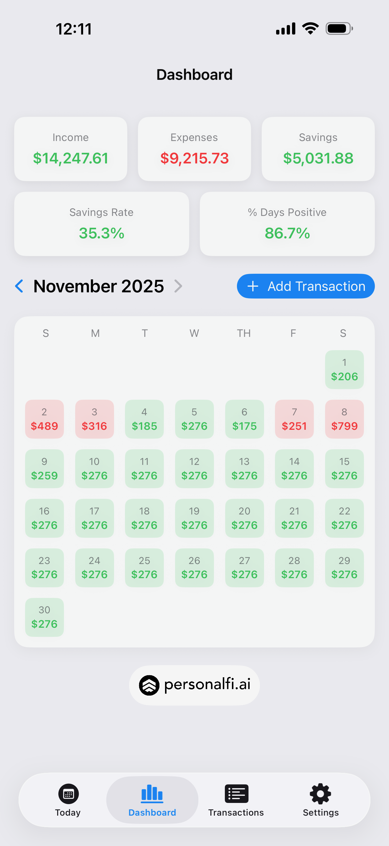 PersonalFi calendar view
